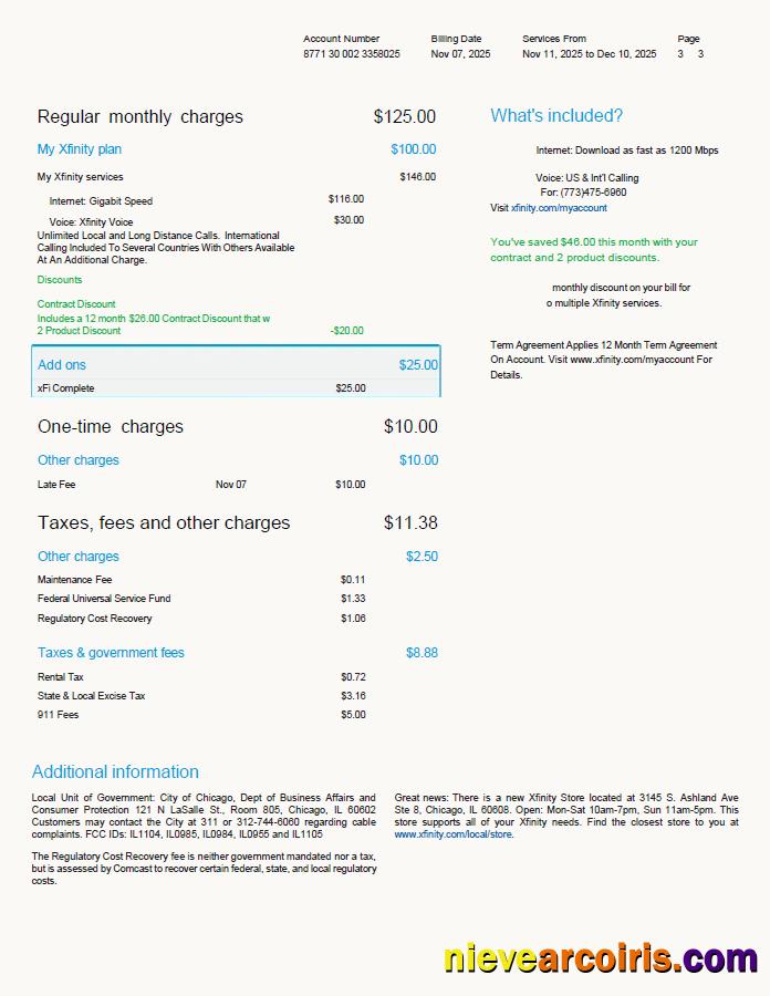 USA Xfinity utility bill, 3 pages, version 2, 3rd page